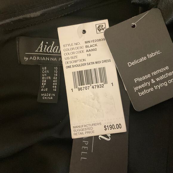 Adrianna Papell Satin One Shoulder Long Sleeve Midi Cocktail Dress Black Size 10 - Picture 10 of 14